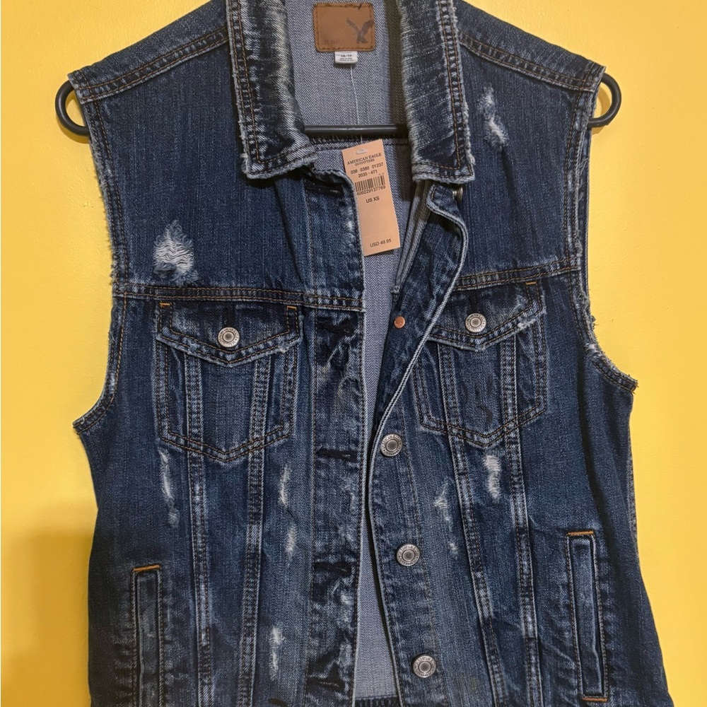 American Eagle Outfitters Distressed Dark Blue Denim Vest